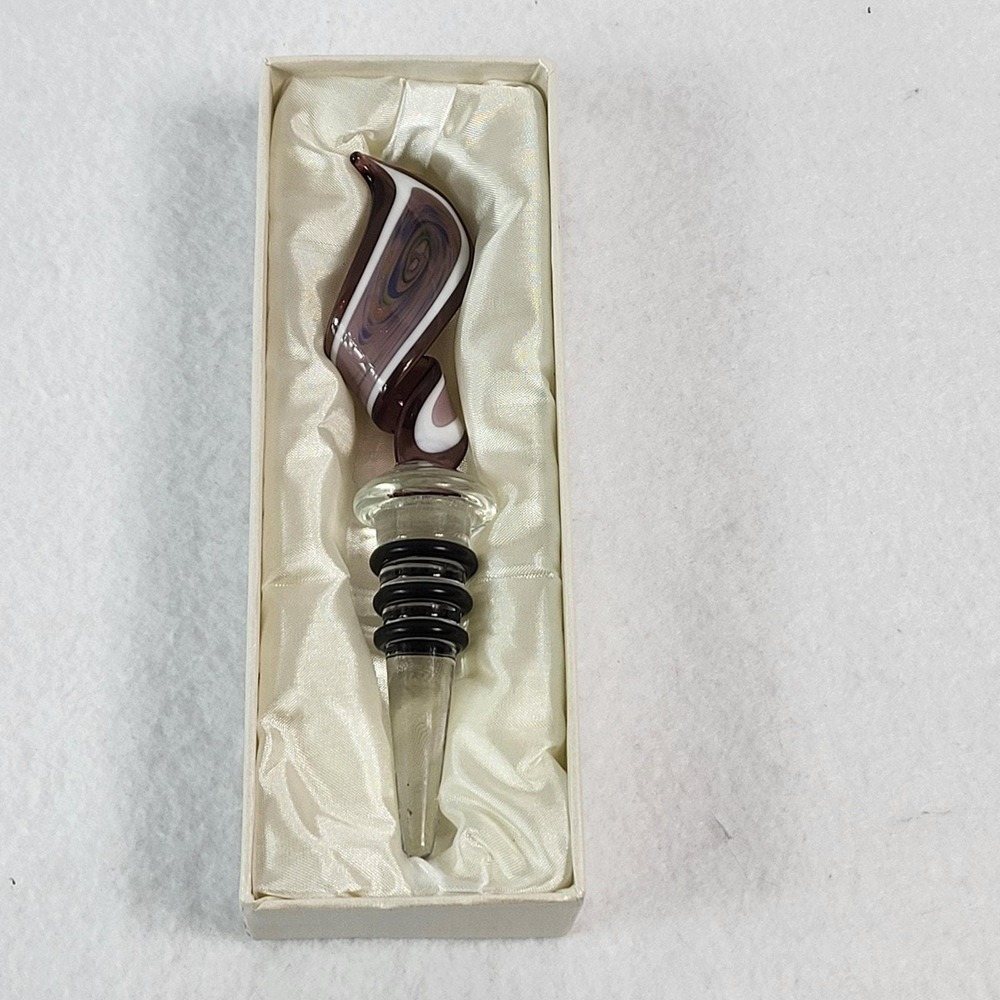 Wine Bottle Stopper Murano Italian Swirl Art Glass Purple Brown Blue Girl Night - Picture 6 of 10